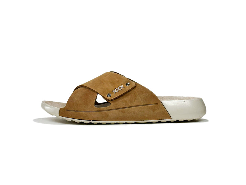 Women's Cross Strap Nubuck Beige Leather Slippers