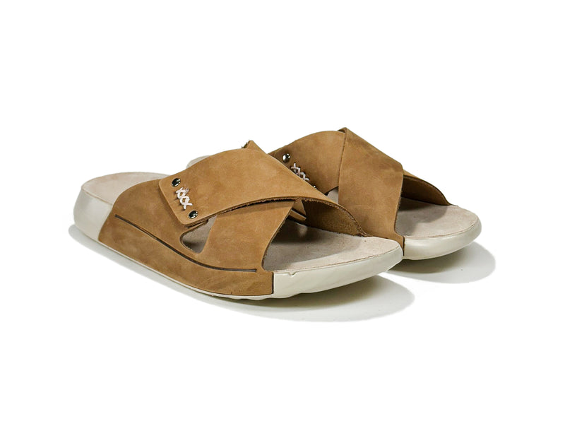 Women's Cross Strap Nubuck Beige Leather Slippers