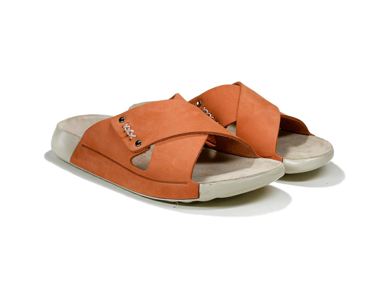 Women's Cross-Strap Nubuck Orange Leather Slippers
