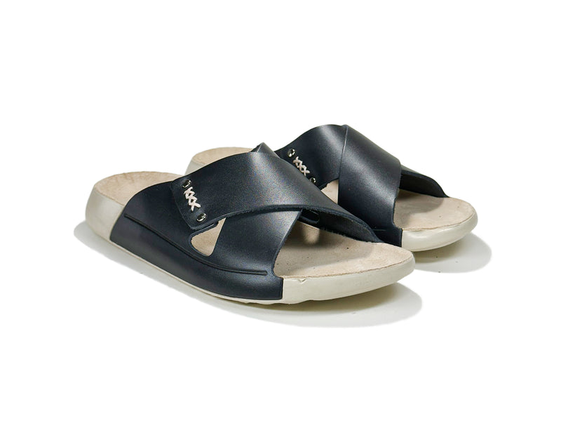 Women's Cross-Strap Black Leather Slippers