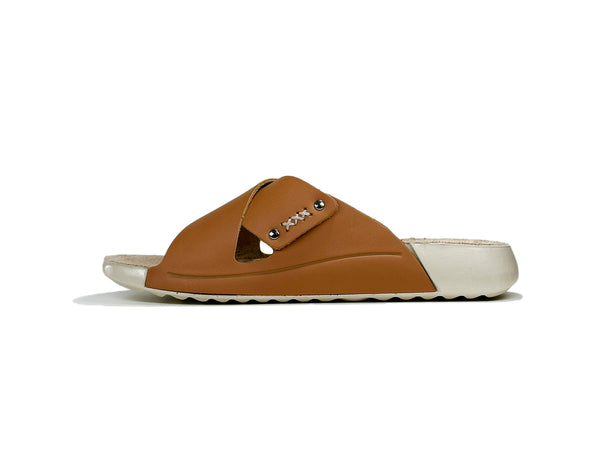 Women's Cross-Strap Tan Leather Slippers