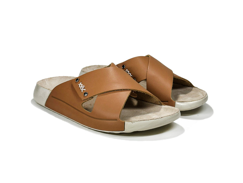 Women's Cross-Strap Tan Leather Slippers