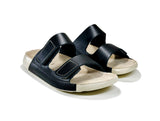 Women's Double-Strap Black Leather Slippers