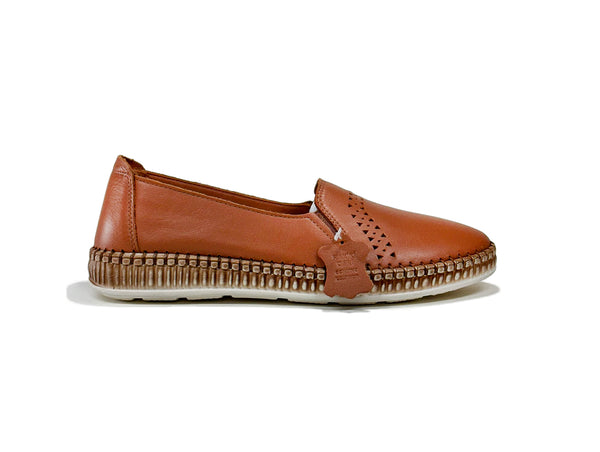 Women's Perforated Patterned Tan Color Leather Shoes
