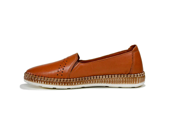 Women's Perforated Patterned Tan Color Leather Shoes