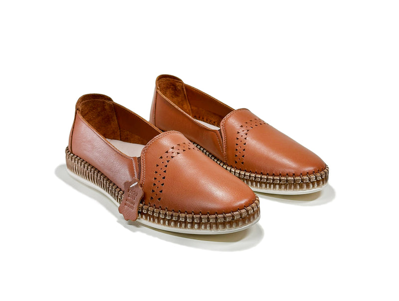 Women's Perforated Patterned Tan Color Leather Shoes