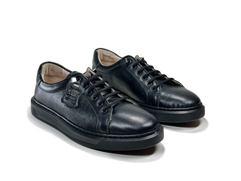 Women's Black Color Lace-Up Leather Sneakers